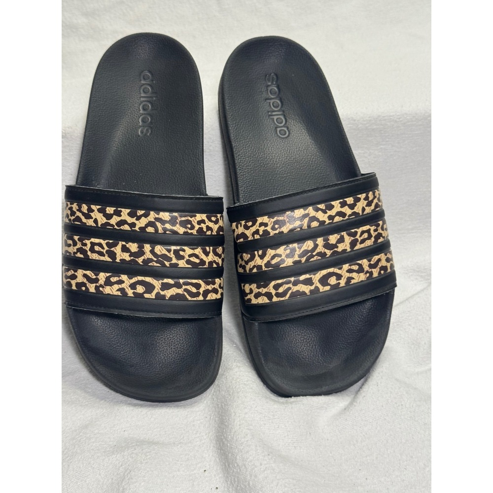 Adidas Adilette Shower Slides Mens 9 Black Leopard Print Cloudfoam Sandals